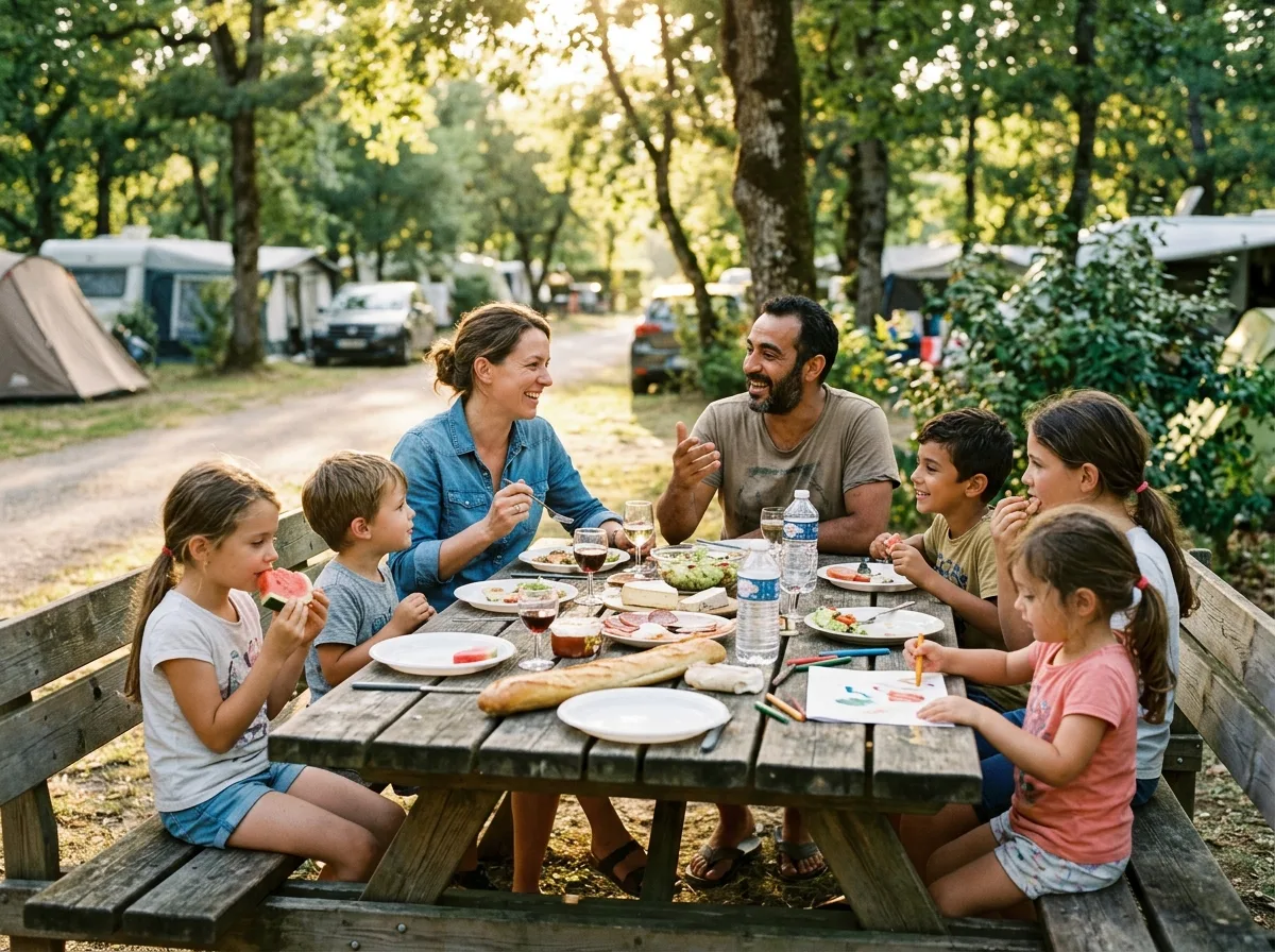Deux familles monoparentales partagent un repas en plein air dans un camping en France.
