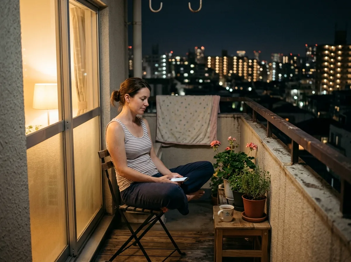 Mère solo seule le soir après que les enfants sont couchés, lumière douce et apaisée.