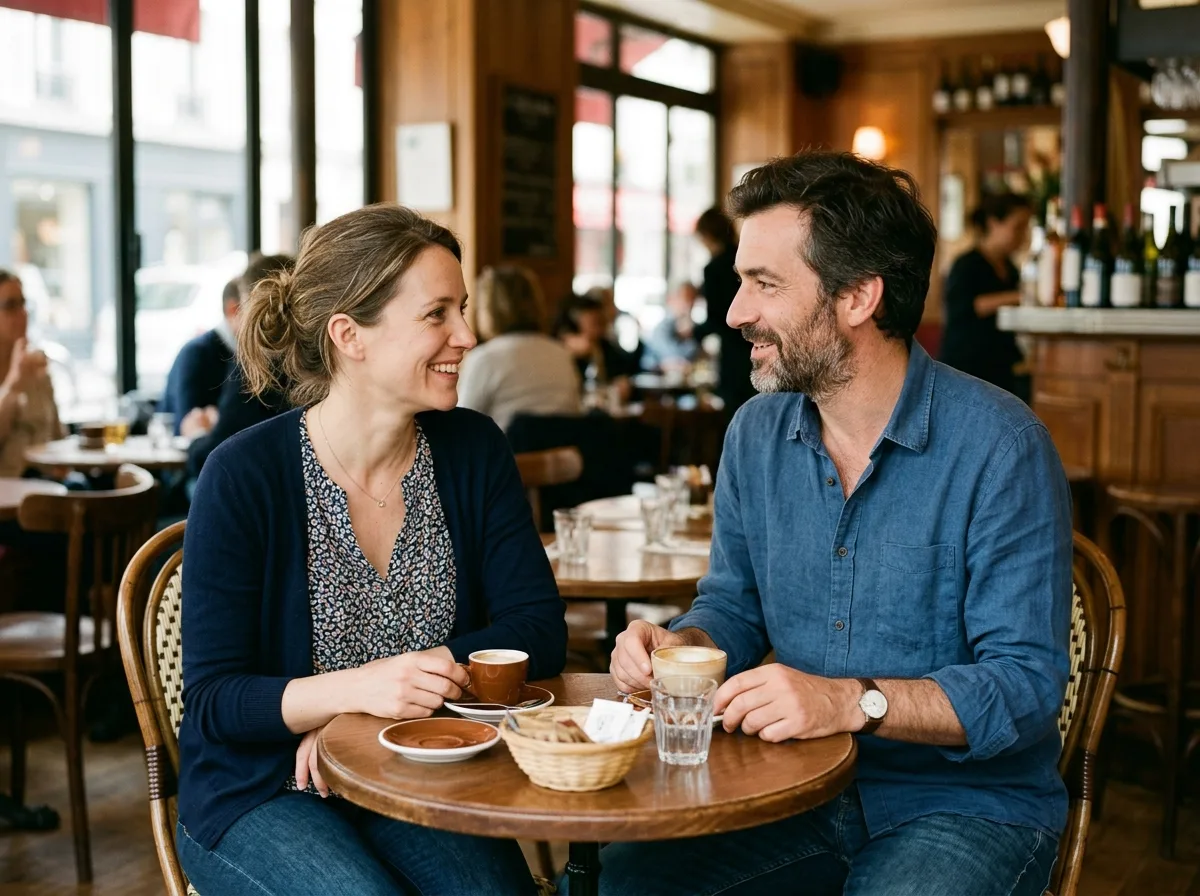 Deux adultes en conversation détendue autour d'un café dans un bistrot parisien lumineux