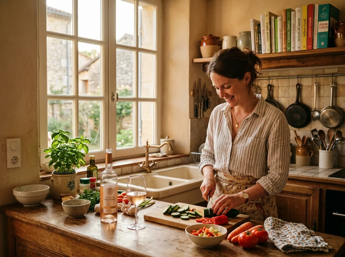 Femme préparant un repas pour elle seule dans une cuisine chaleureuse au crépuscule