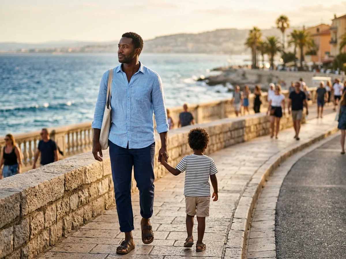 Père solo se promenant avec son enfant au bord de la mer en été