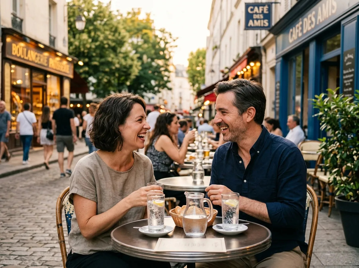 Deux adultes qui rient autour d'un café en terrasse un soir d'été, première rencontre légère et chaleureuse