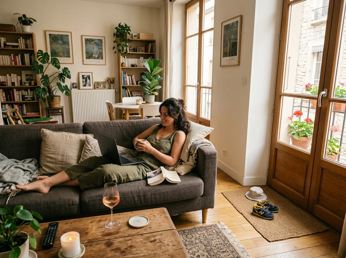 Parent solo détendu sur son canapé un après-midi d'été, moment pour soi dans l'appartement silencieux