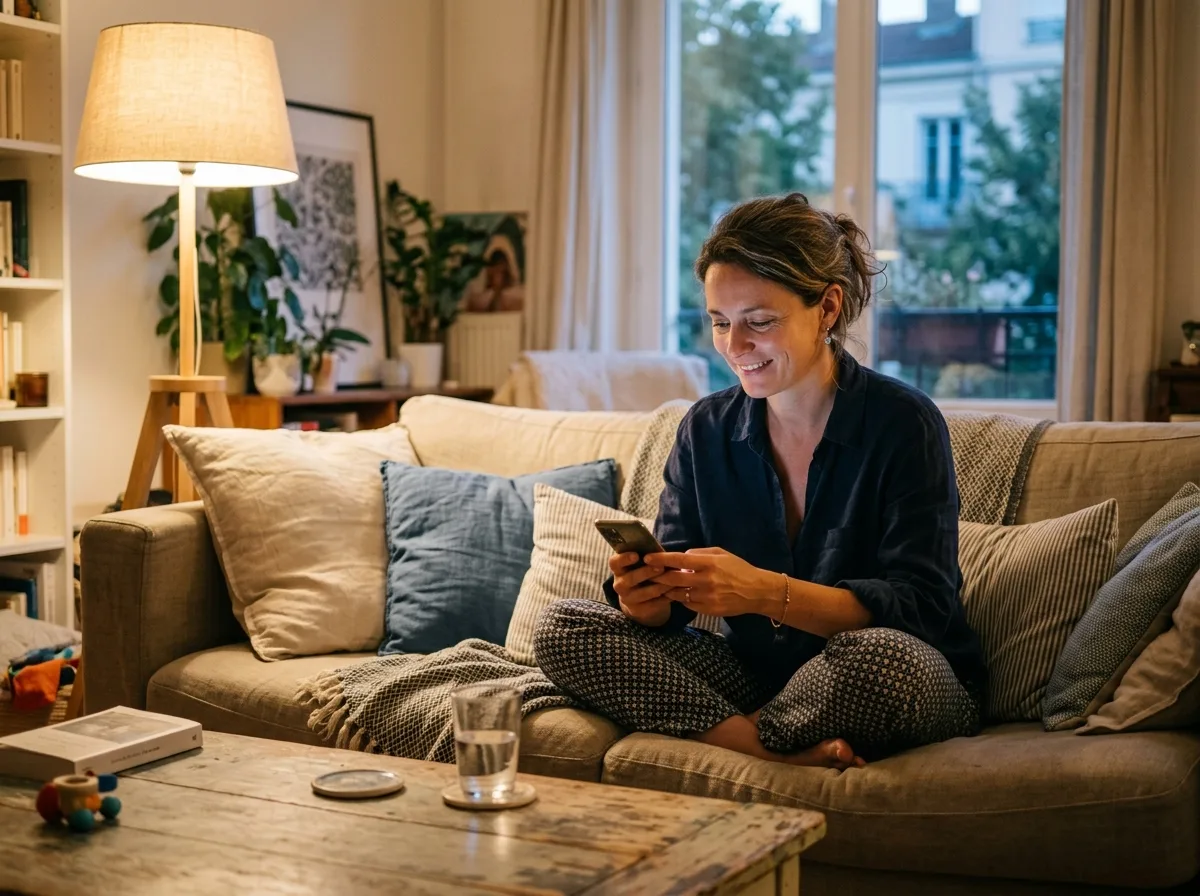 Mère solo seule chez elle le soir, moment intime et serein avec son téléphone