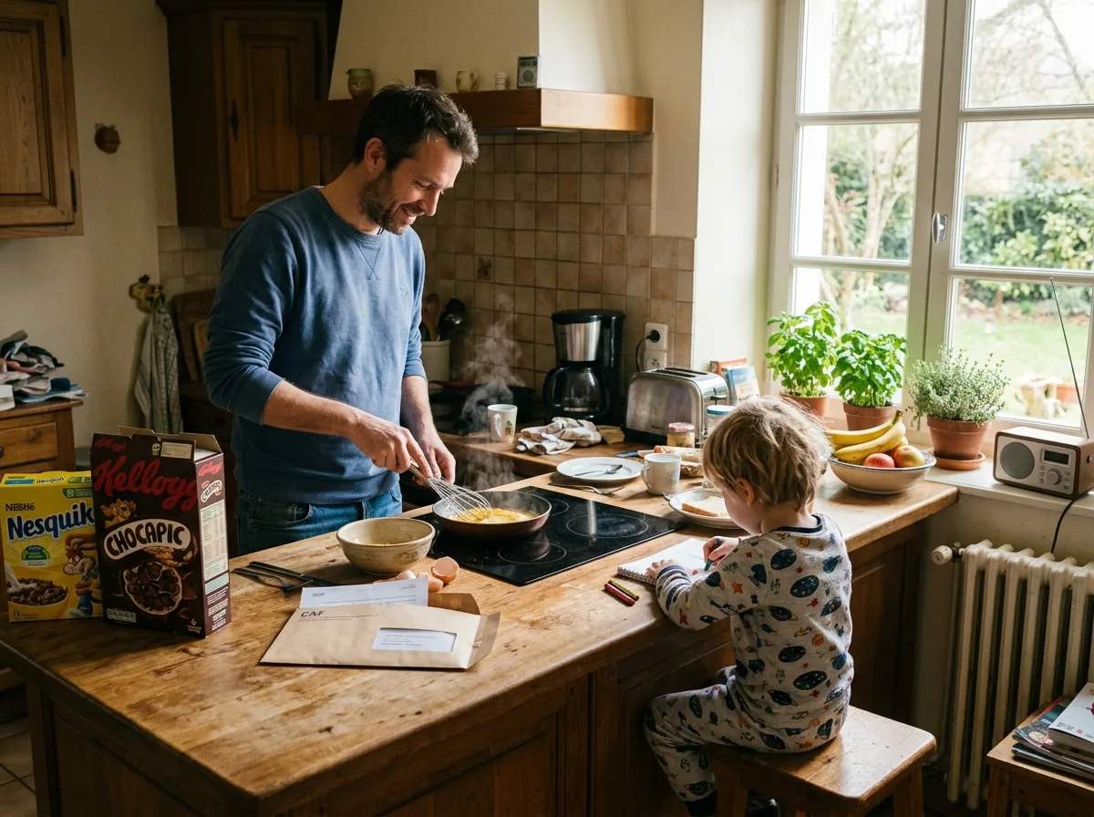 Père solo préparant le petit-déjeuner avec son enfant un matin de semaine