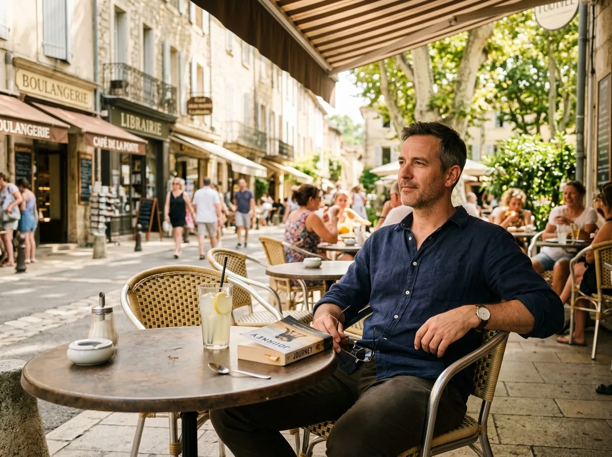 Père solo détendu en terrasse de café, livre ouvert, lumière d'après-midi