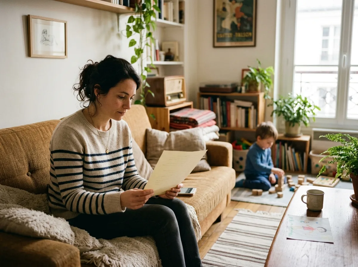 Mère solo réfléchit à des démarches administratives, enfant jouant en arrière-plan