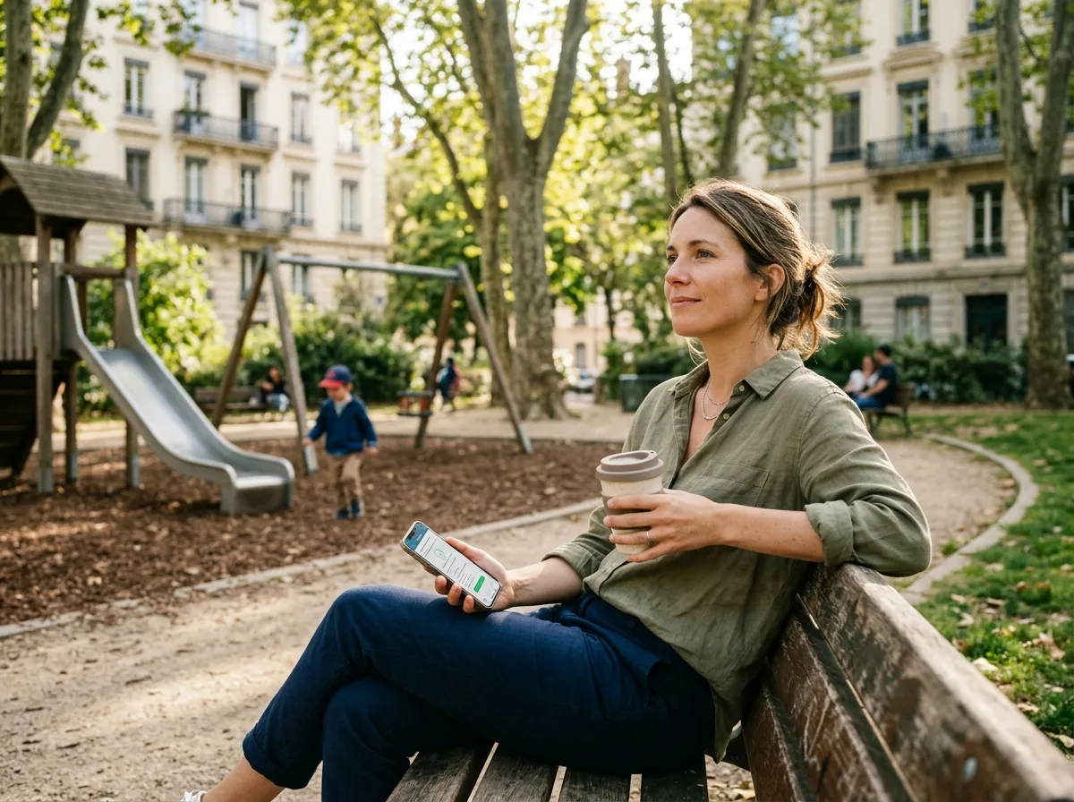 Mère solo apaisée dans un parc, après avoir simulé ses aides sur son téléphone