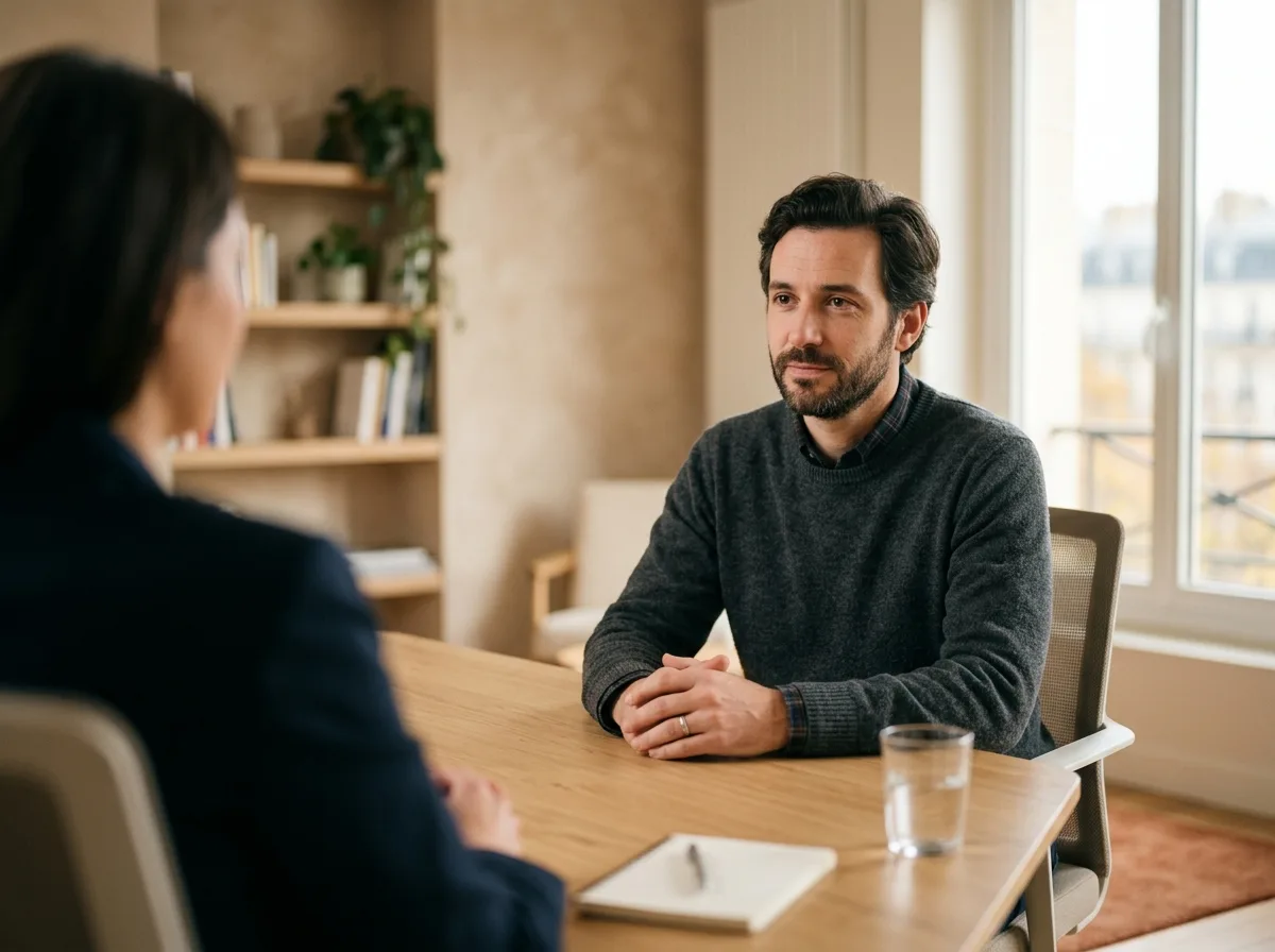 Parent solo en rendez-vous administratif, ambiance bureau calme et bienveillant