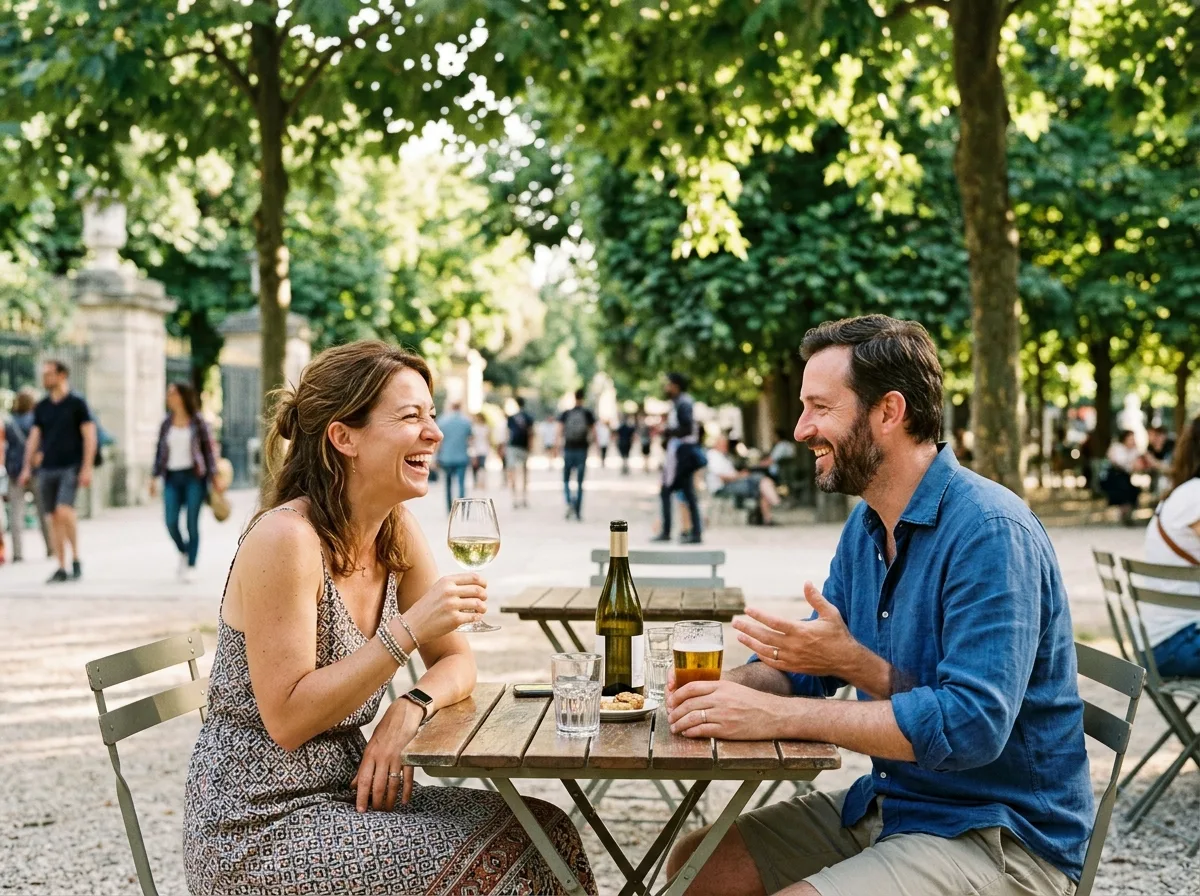 Deux parents solos qui rient ensemble autour d'un verre en plein air, ambiance estivale