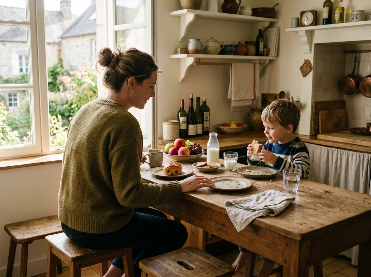 Mère et enfant de dos partageant un goûter dans une cuisine lumineuse