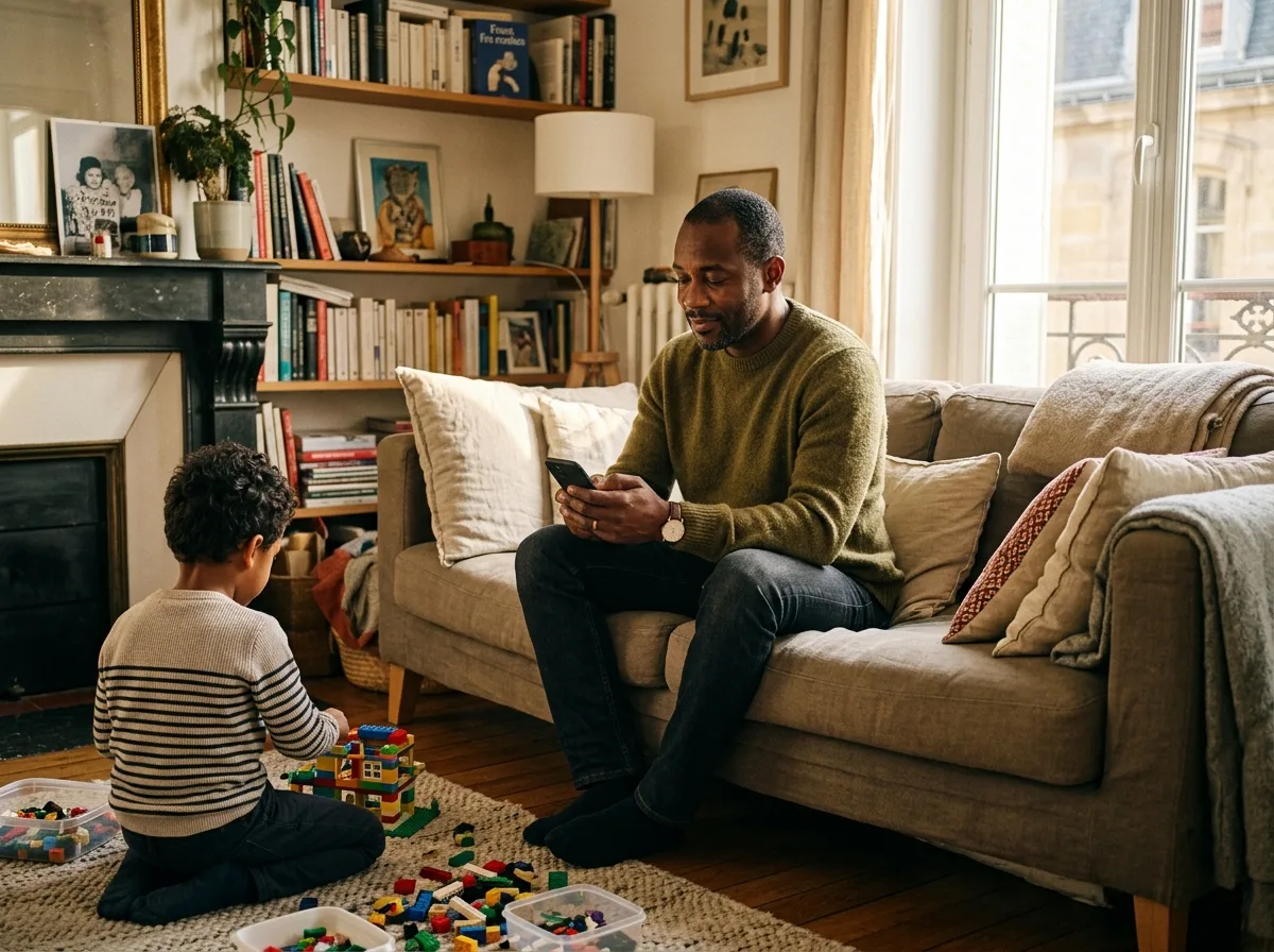 Père solo consulte le site CAF sur son téléphone pendant que son enfant joue