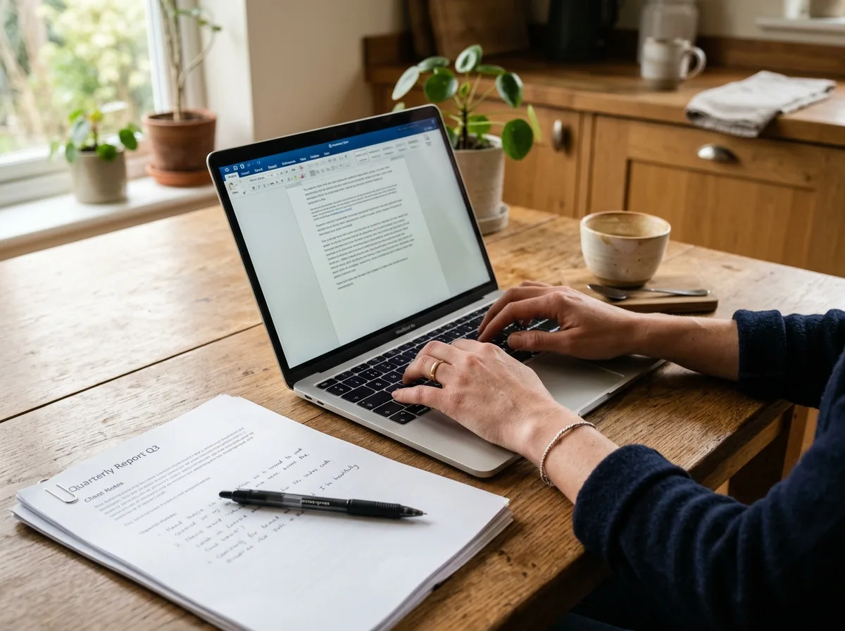 Mains de femme tapant sur un ordinateur avec des documents administratifs sur la table