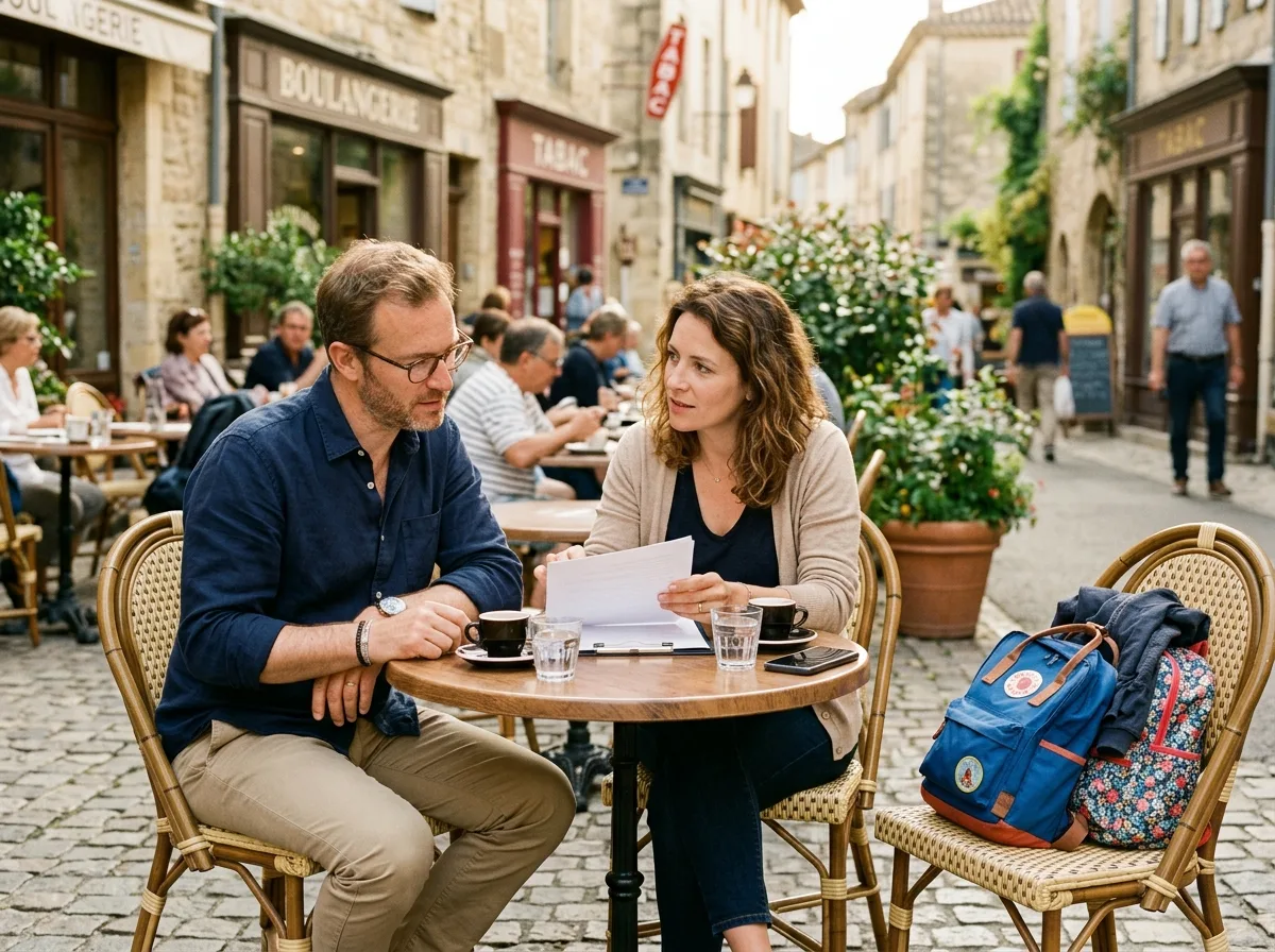 Deux parents séparés discutent calmement d'un document à la terrasse d'un café