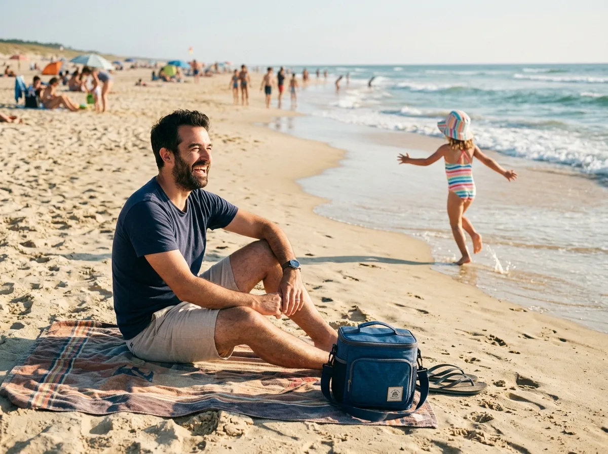 Père solo souriant sur une plage française pendant que son enfant joue dans les vagues