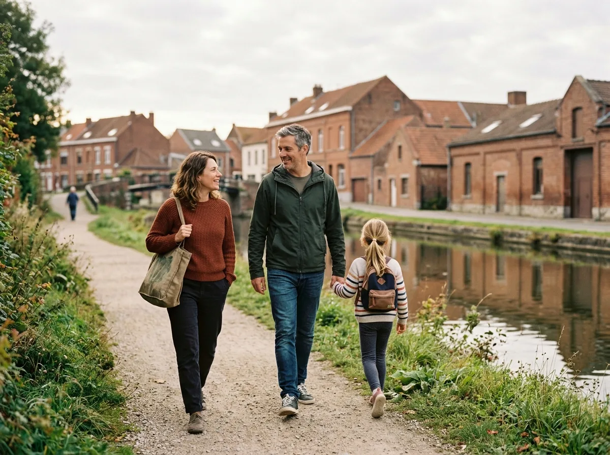 Un père et une mère solos se promènent avec leurs enfants le long d'un canal dans le Nord