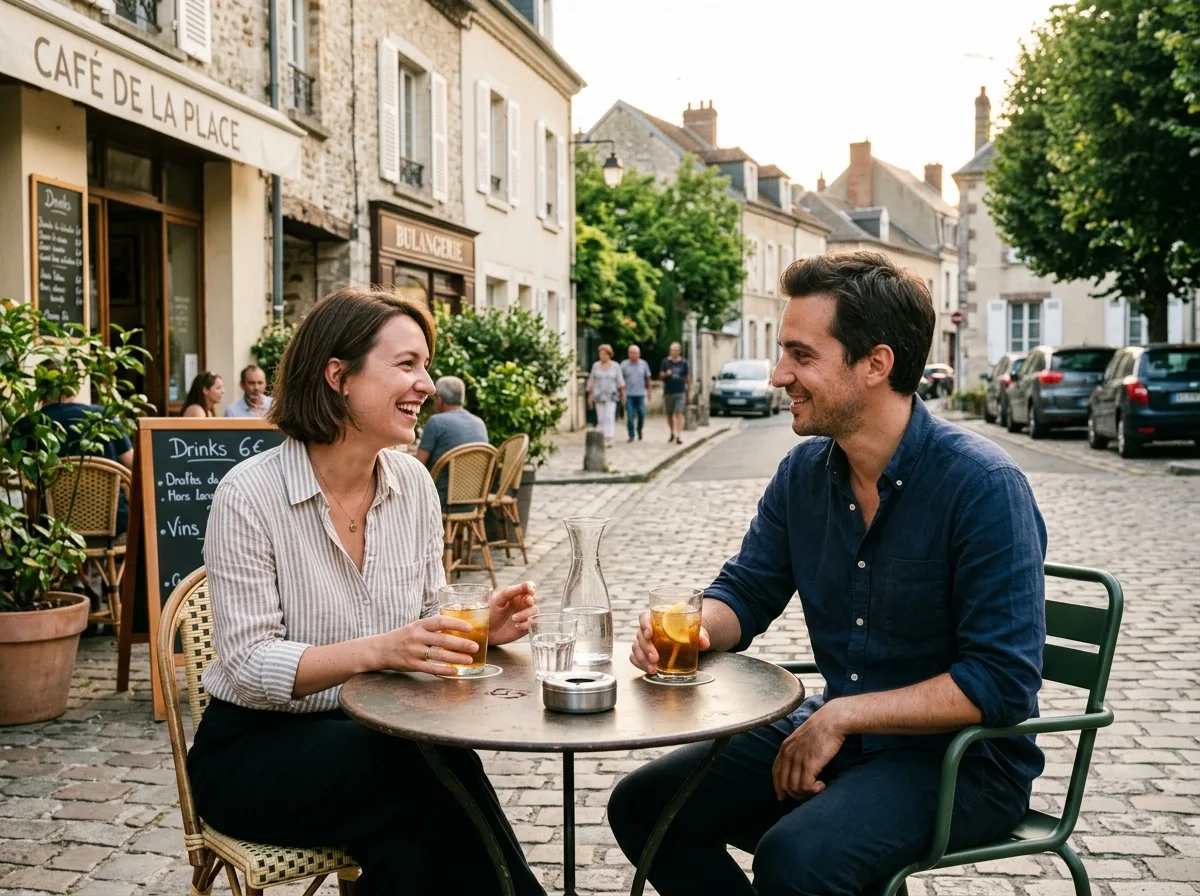 Deux parents solos discutant autour d'un verre en terrasse lors d'une soirée d'été dans la MEL