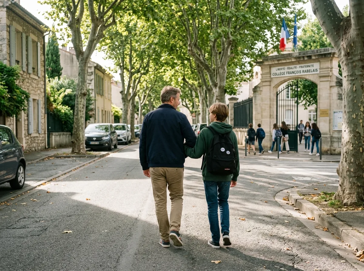 Père solo accompagnant son enfant à l'entrée du collège un matin de rentrée