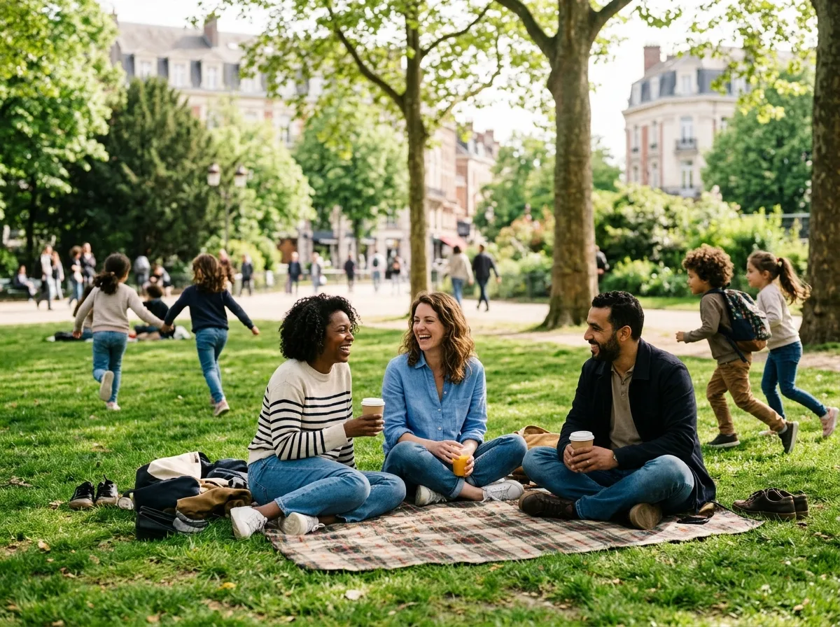 Trois parents solos qui discutent lors d'un pique-nique dans un parc de la métropole lilloise