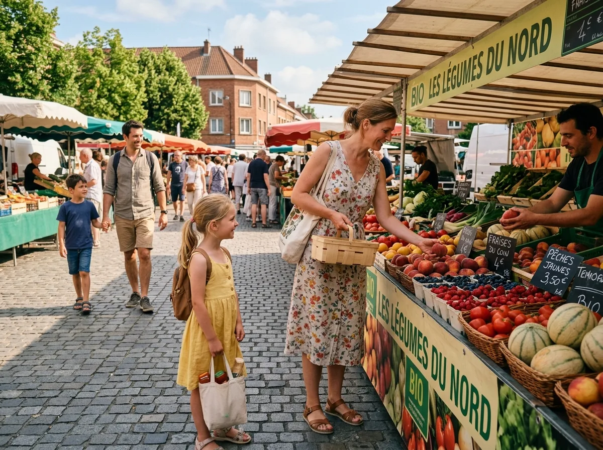 Mère solo et son enfant au marché estival de la métropole lilloise, échange spontané avec un autre parent