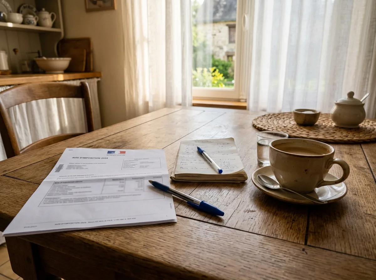 Avis d'imposition et notes sur une table de cuisine, lumière douce
