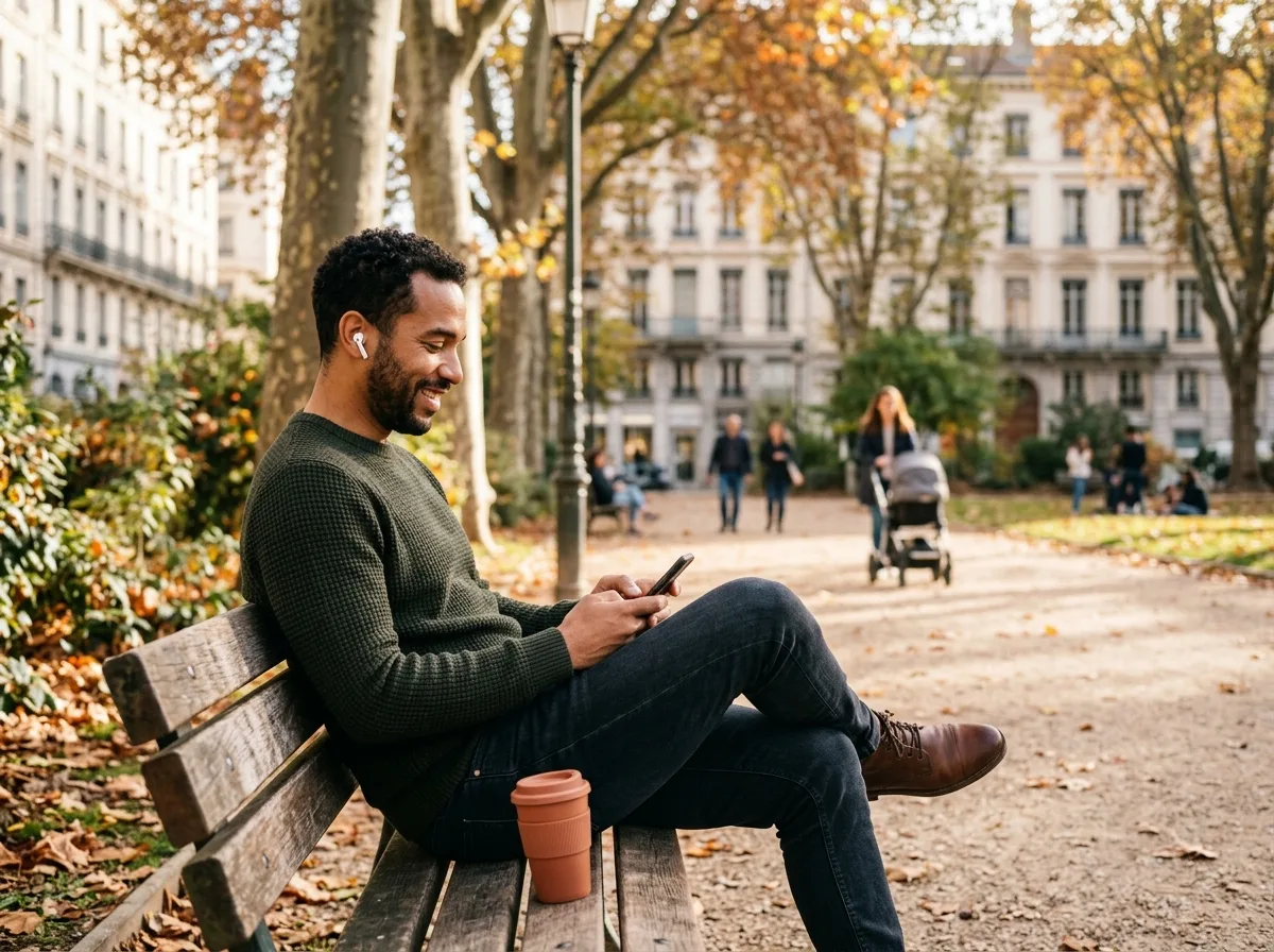 Père solo détendu sur un banc dans un parc parisien, souriant à son téléphone