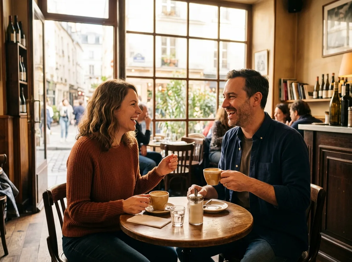 Un homme et une femme parents solos discutent avec complicité dans un café chaleureux