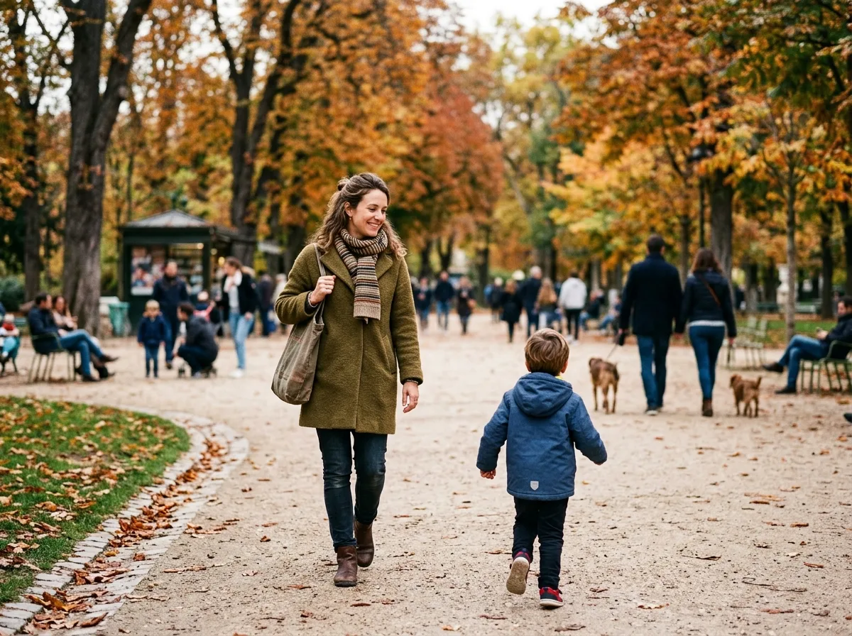 Mère solo se promène avec son enfant de dos dans un parc urbain en automne.