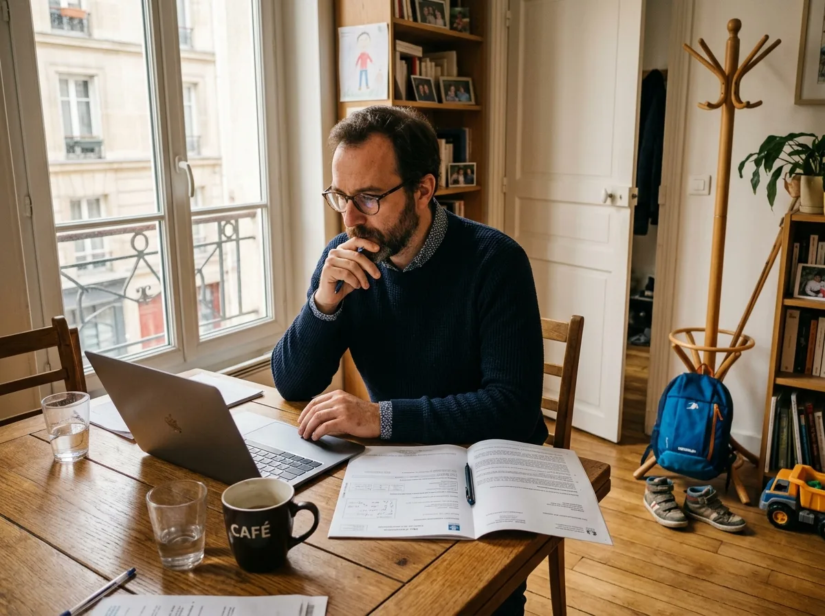 Père solo remplissant des formulaires CAF sur son ordinateur à la maison, ambiance chaleureuse