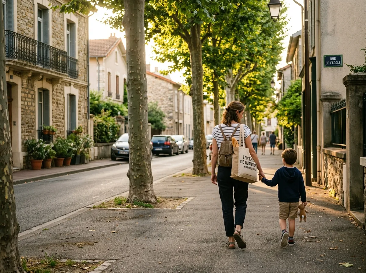 Mère solo et son enfant de dos dans une rue ensoleillée de quartier, lumière dorée de fin d'après-midi
