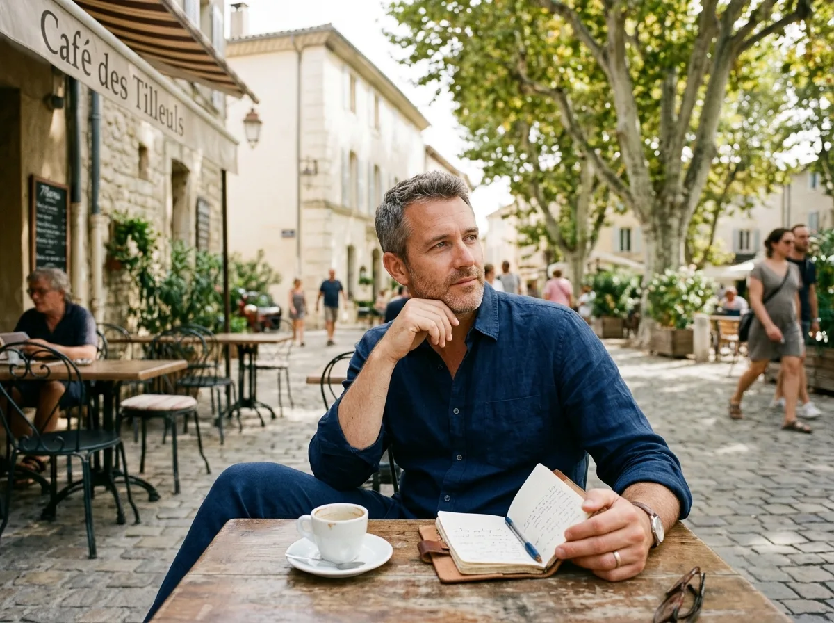 Papa solo détendu en terrasse de café, moment pour soi dans une rue française