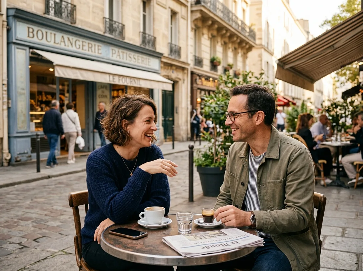 Deux parents solos qui discutent en terrasse de café dans un quartier français