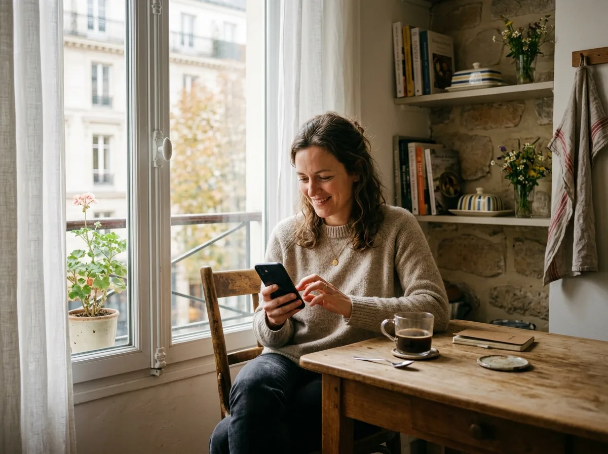 Mère solo souriante consultant son téléphone dans sa cuisine lumineuse