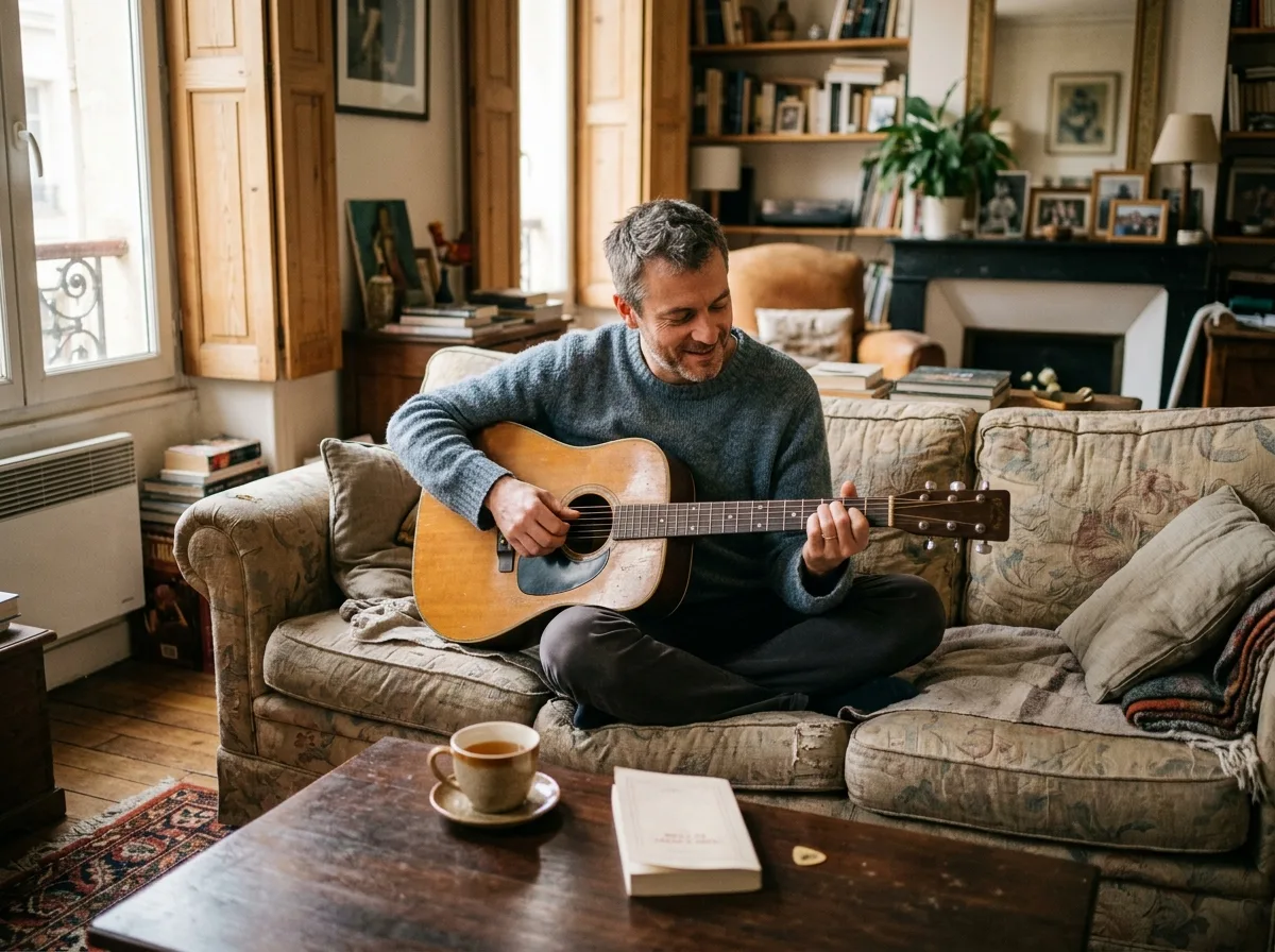 Père solo qui reprend la guitare seul chez lui dans un salon cosy et lumineux