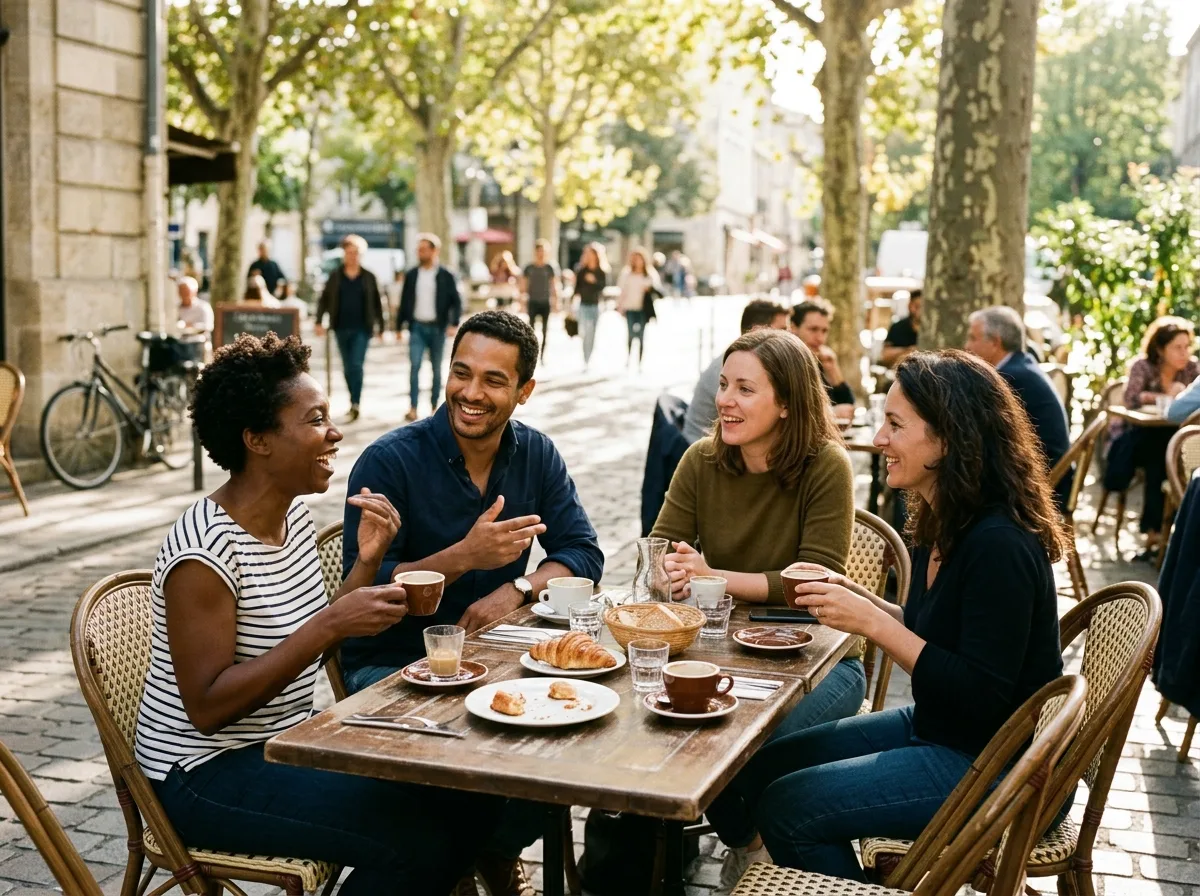 Groupe de parents solos réunis autour d'un café en terrasse à Bordeaux, ambiance chaleureuse.