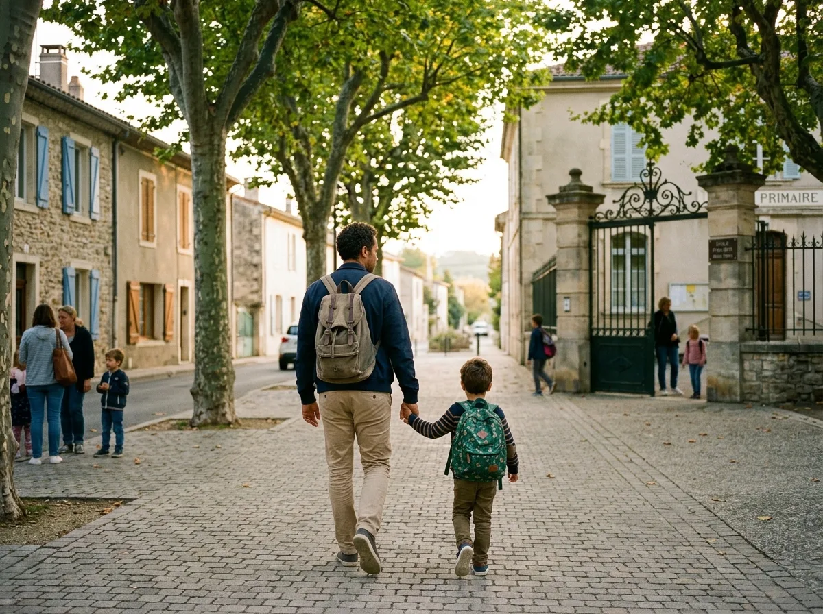 Parent solo accompagnant son enfant vers une nouvelle école de quartier