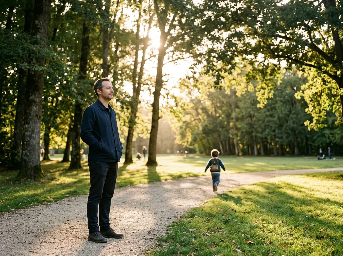 Un père solo observe son enfant jouer au parc Bordelais dans la lumière dorée de fin d'après-midi.