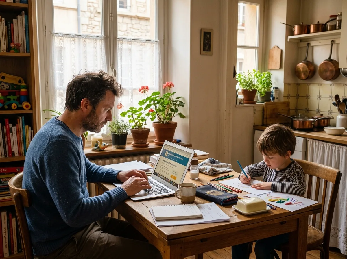 Un père solo cherche des sorties et contacts locaux sur son ordinateur, son enfant à ses côtés