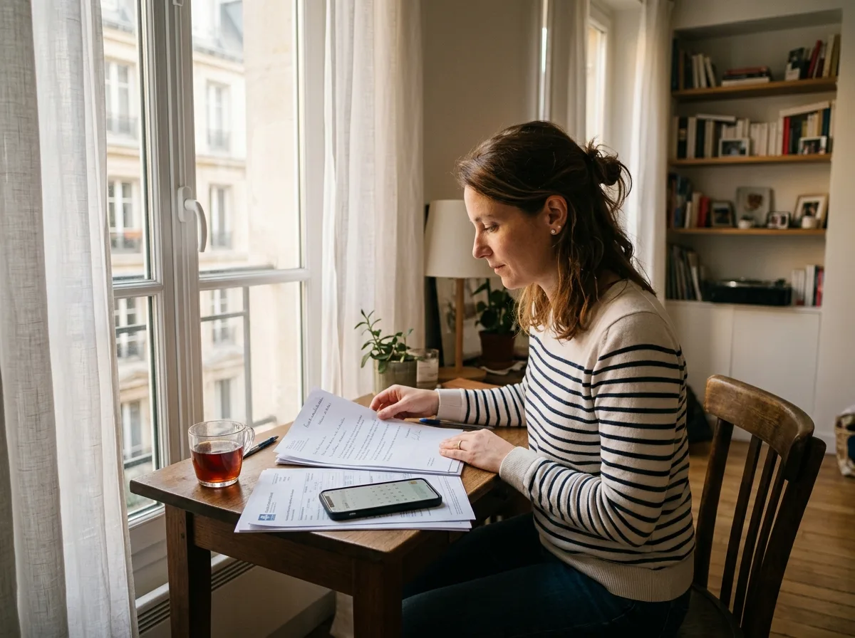 Mère solo consultant des documents administratifs scolaires avec son téléphone