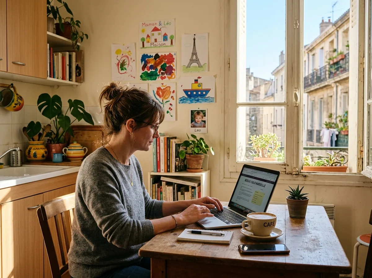 Mère solo chez elle à Marseille, café du matin et téléphone en main