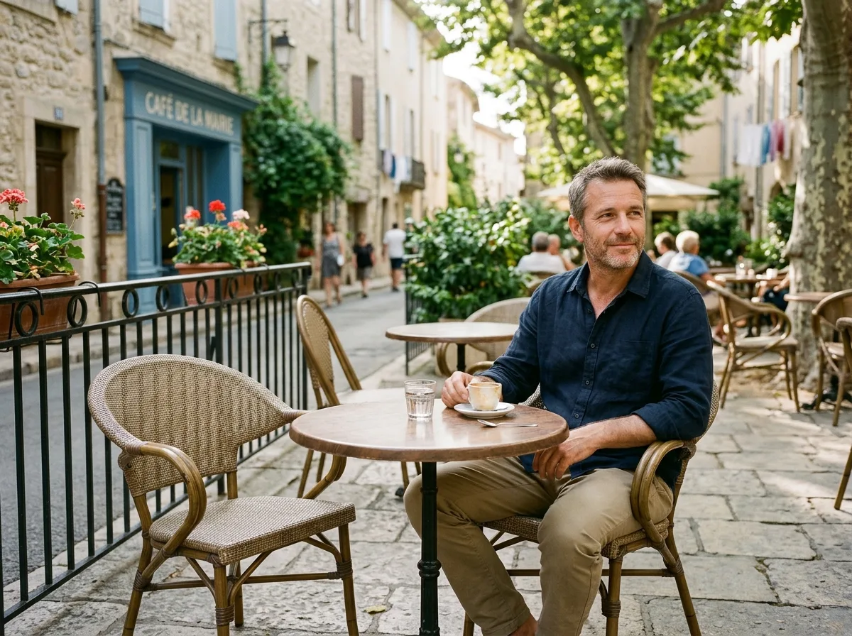 Père solo en terrasse de café l'été, moment de calme solitaire mais apaisé
