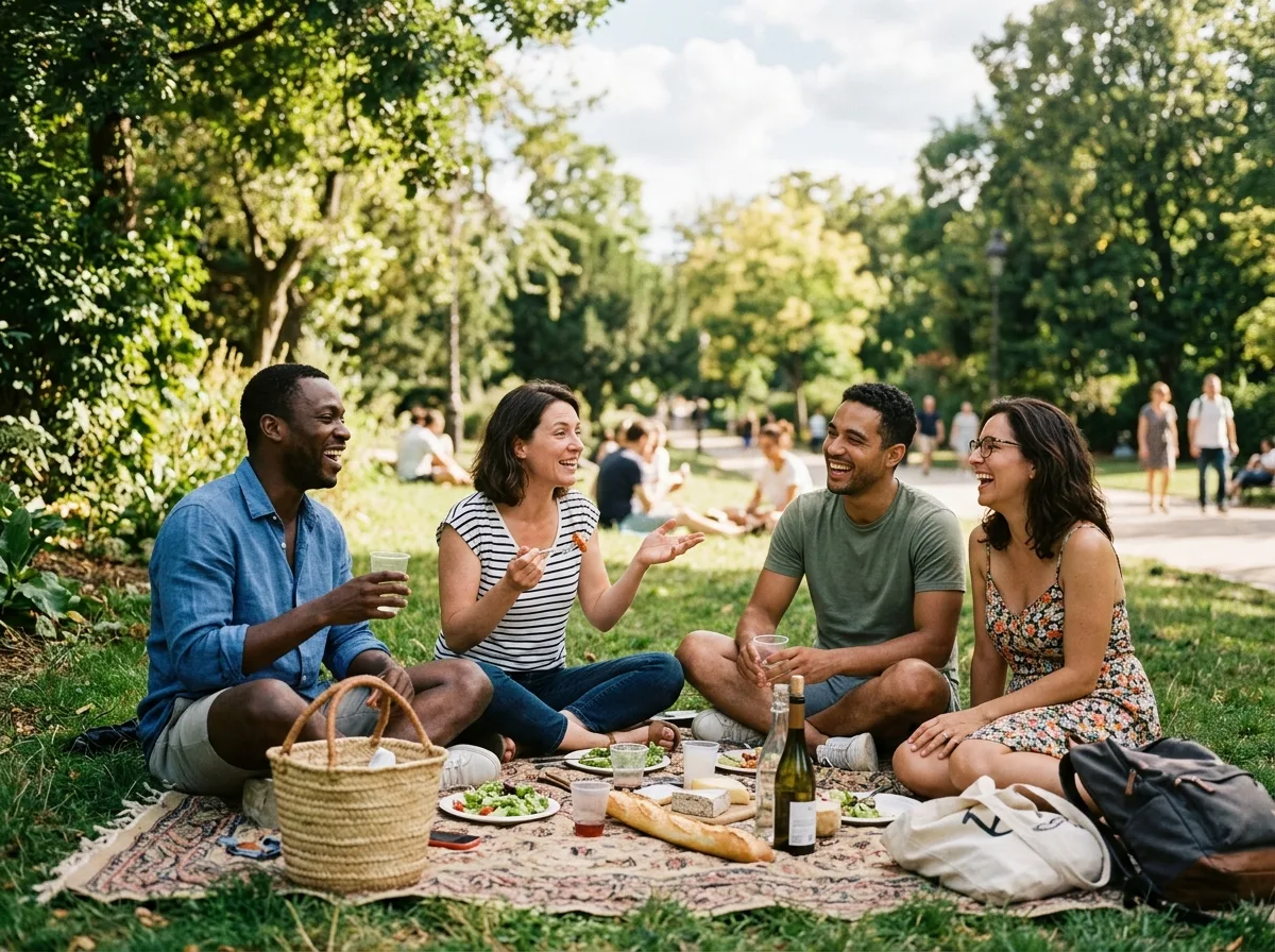 Groupe d'adultes parents solos réunis pour un pique-nique estival dans un parc français
