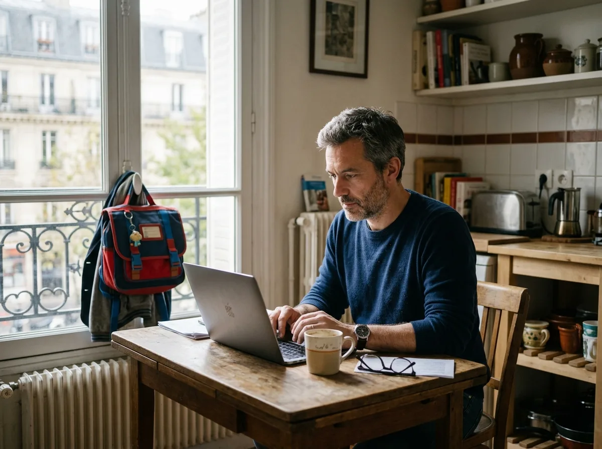 Père solo consultant ses droits sur son ordinateur dans sa cuisine le matin