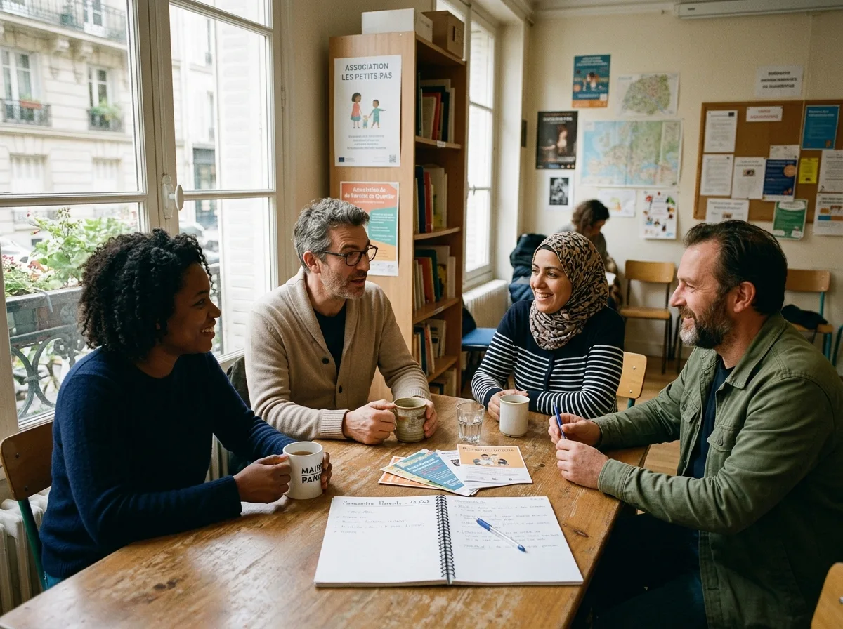 Groupe de parents solos en réunion conviviale dans une association parisienne
