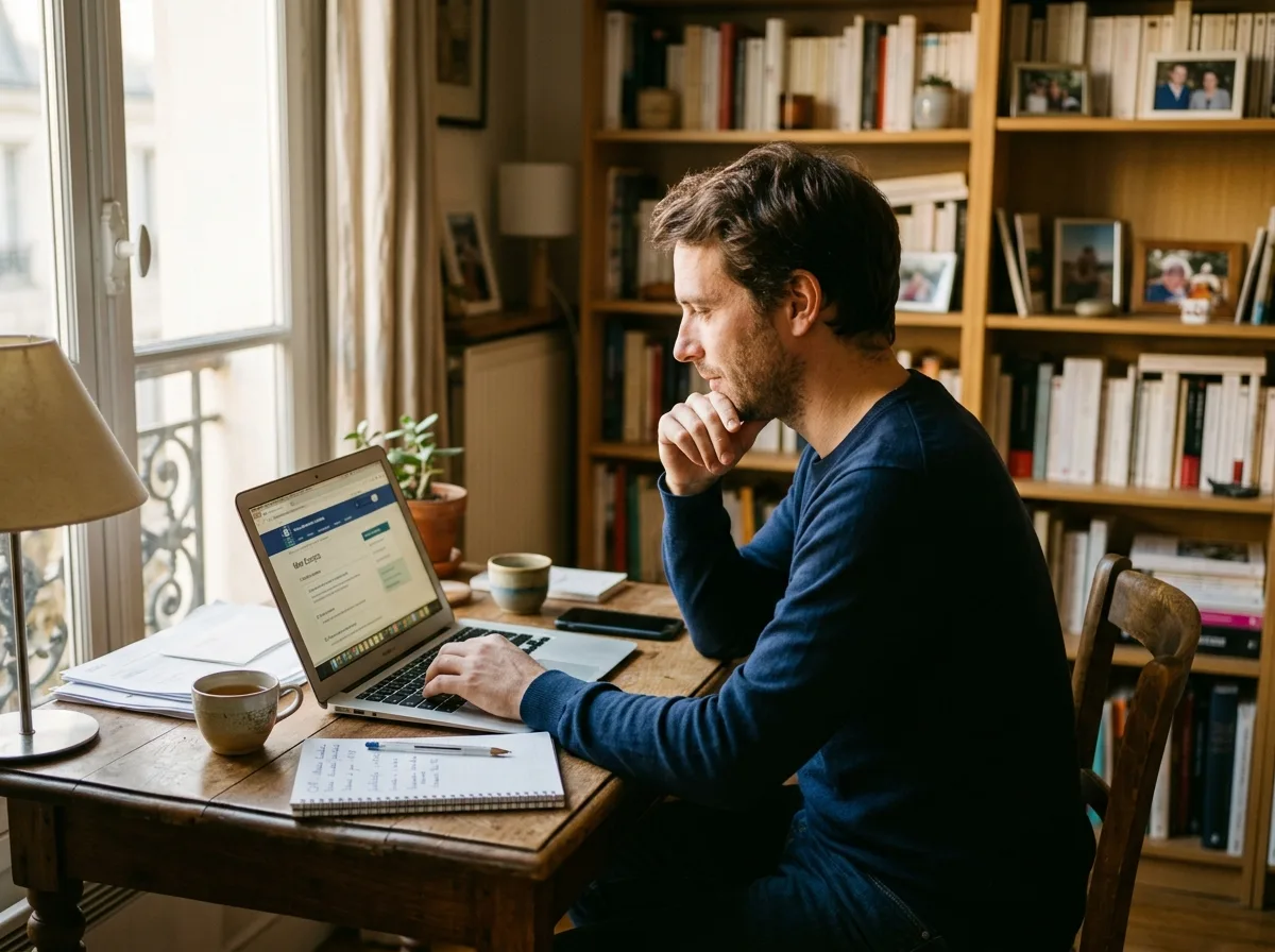 Père solo consultant le simulateur CAF sur son ordinateur portable chez lui