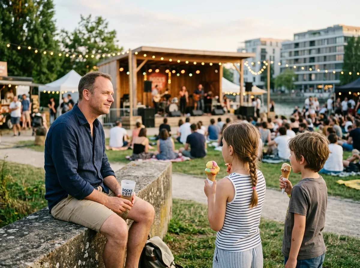Papa solo avec ses enfants à un événement en plein air strasbourgeois cet été