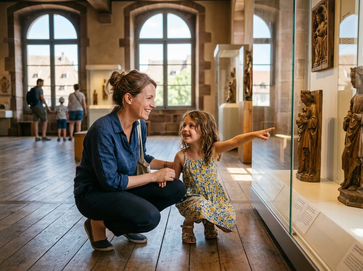 Mère solo et son enfant en visite au musée de Strasbourg un jour d'été