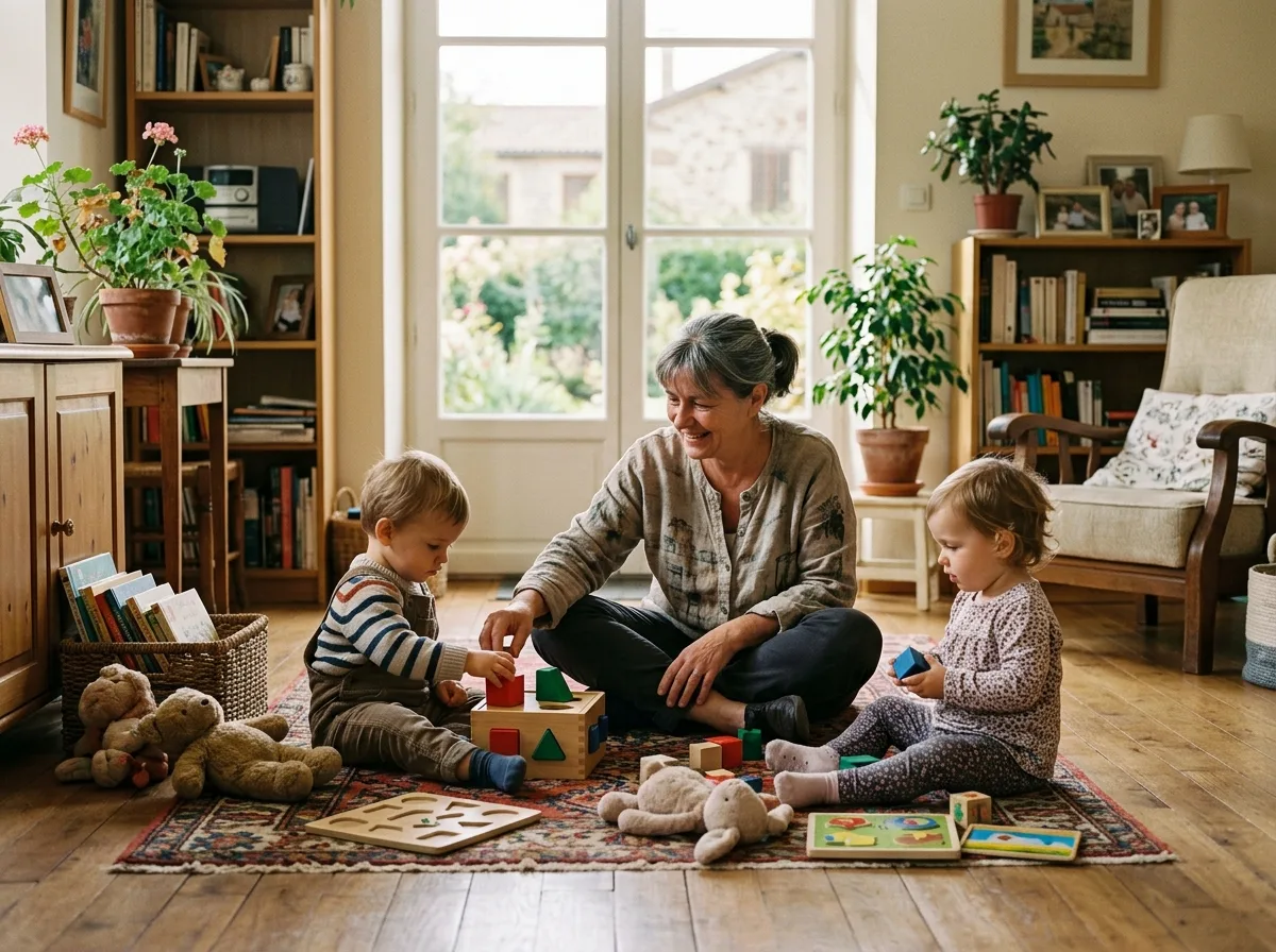 Assistante maternelle jouant avec deux enfants en bas âge dans un salon lumineux