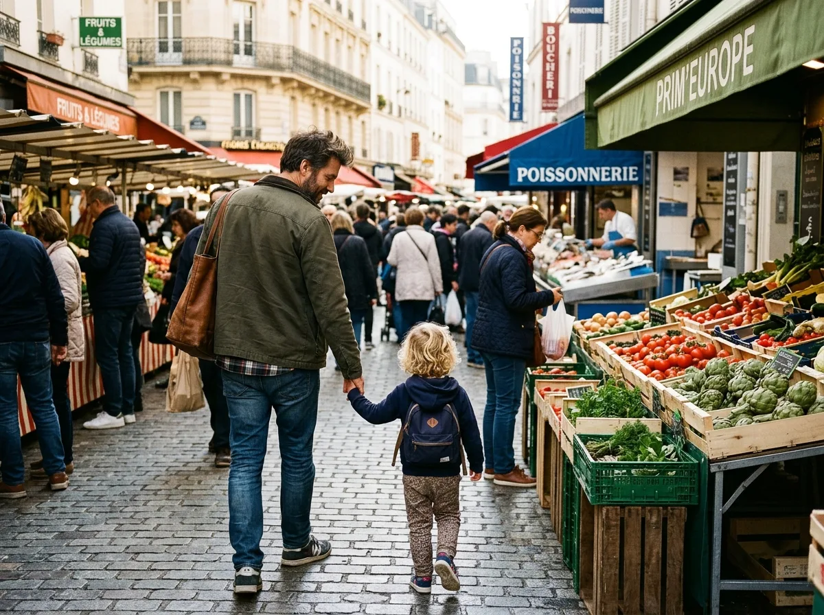 Père solo et enfant de dos au marché parisien un matin