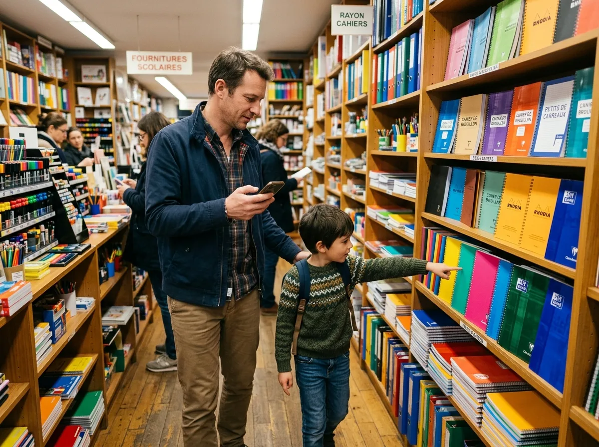 Un père solo en magasin de fournitures avec son enfant, liste en main sur son téléphone